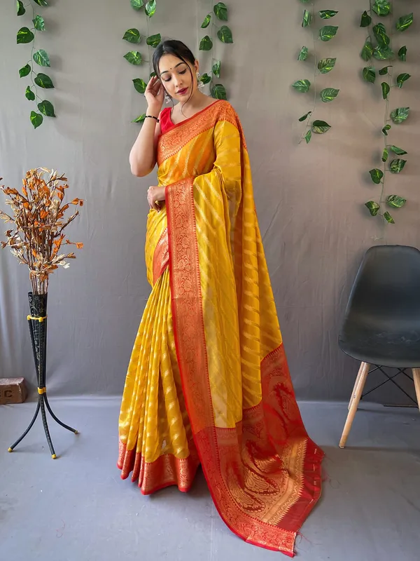 Yellow_Pure_Organza_Weaved_Leheriya_Saree_With_Blouse_Piece_Attached